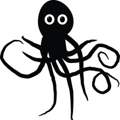 Cute cartoon black octopus with big white eyes and curly tentacles on a white background
