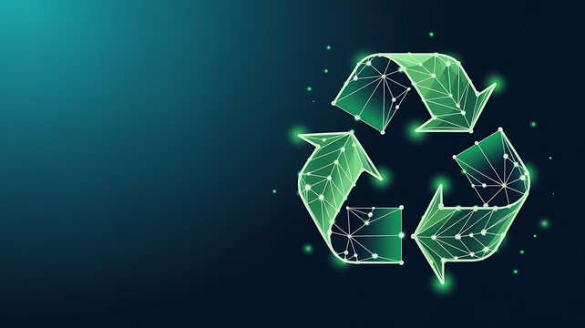 Green polygonal recycling symbol with glowing particles on dark blue background abstract
