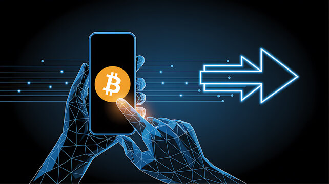 Hand holding smartphone with Bitcoin symbol and outgoing arrow cryptocurrency digital currency - Powered by Adobe
