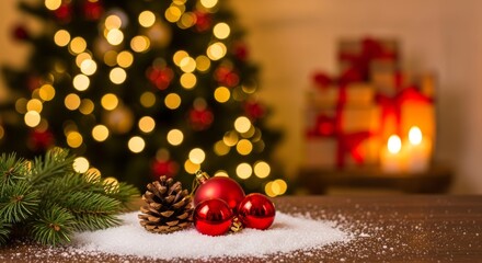 Festive Holiday Arrangement Beneath a Twinkling Tree with Glowing Lights