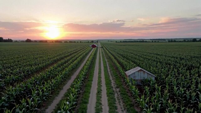 Aerial view of a cornfield at sunset in a field Sunset view of a cornfield