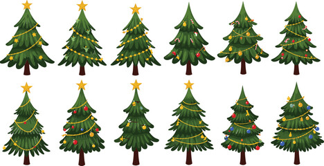 Twelve decorated christmas trees with stars ornaments and lights green pine