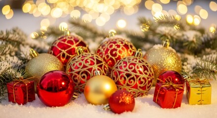 vibrant baubles and festive gifts nestled in snow with twinkling lights