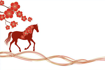 馬と梅の花と赤の水引の年賀状素材