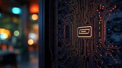 Printed circuit board futuristic server. Circuit board futuristic server code processing. 