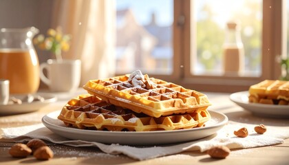 Golden Waffles with Powdered Sugar and Nuts for Breakfast