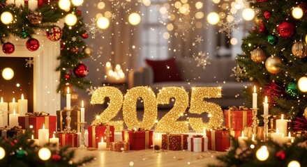 Festive holiday ambiance at home with shining 2025 and gift boxes during