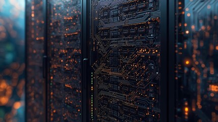 Printed circuit board futuristic server. Circuit board futuristic server code processing. 