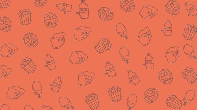 Orange background with pattern of various food items. Great for menu design, kitchen decor, recipe book covers, and foodthemed websites.