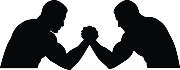 Two black silhouette men arm wrestling on white background strength competition