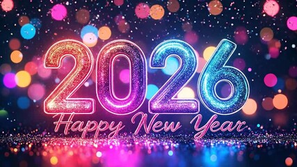 Vibrant 2026 New Year celebration featuring dazzling glitter numbers and dynamic bokeh lights on a dark background, perfect for festive greetings and holiday promotions