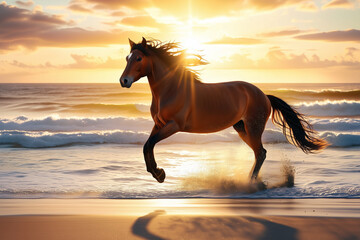 夕日をバックに海岸線を走る馬の年賀状素材