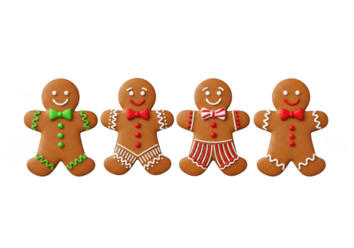 Four gingerbread man cookies with icing and candy decorations, isolated on transparent background