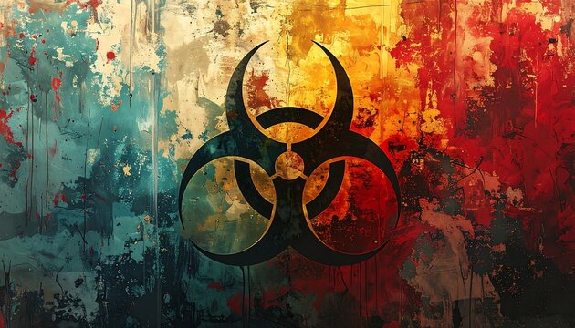 Bold biohazard symbol on a colorful, textured splatter background