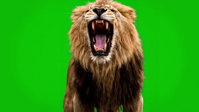 Green Screen slow motion of a lion roaring in front key scene 2 with distortion, overlay, glitch, static noise, scan lines on black background, 4k animated video loop