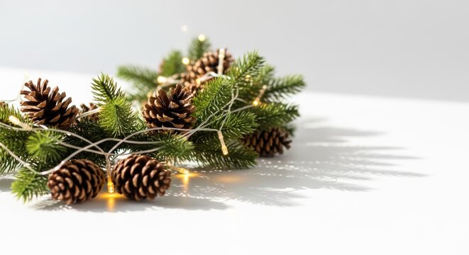 pinecones and evergreen sprigs with delicate string lights on clean background