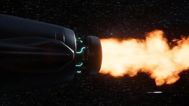 A detailed image of a rocket engine firing, flames erupting in space, against a starry background