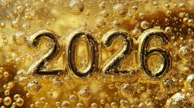Golden champagne bubbles with NEW YEAR 2026 text floating in sparkling liquid. New Year background