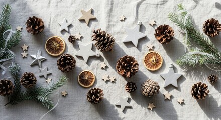 Winter Composition Featuring Pine Cones Sprigs and Star Ornaments on Fabric