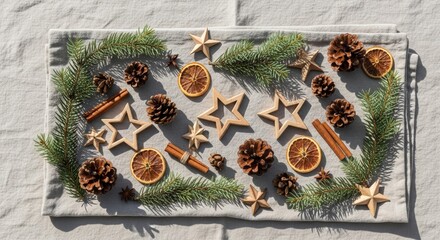 Rustic winter holiday decorations with pinecones, stars, and dried orange