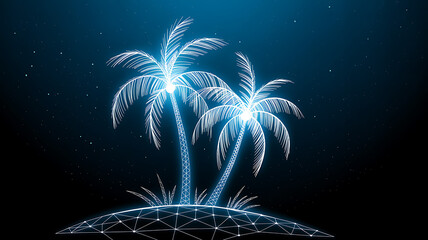 Two Neon Palm Trees on a Digital Island with Stars tropical beach