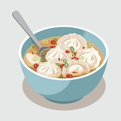 Illustrated bowl of traditional Asian dumpling soup with a spoon.