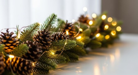 pinecones and warm string lights on festive evergreen branches for holiday cheer