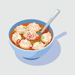 Illustrated bowl of traditional Asian dumplings in spicy broth.