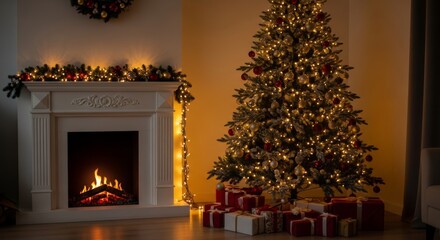 Cozy winter night with a flickering fireplace beside a luminous Christmas tree