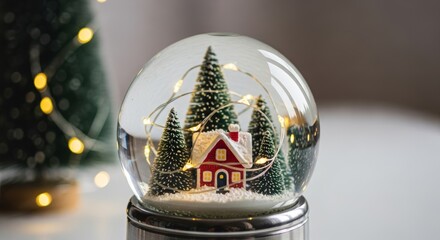 Enchanting holiday snow globe featuring a cozy cottage and festive trees