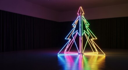 Vibrant Neon Geometric Tree Sculpture Illuminating Dark Room Interior