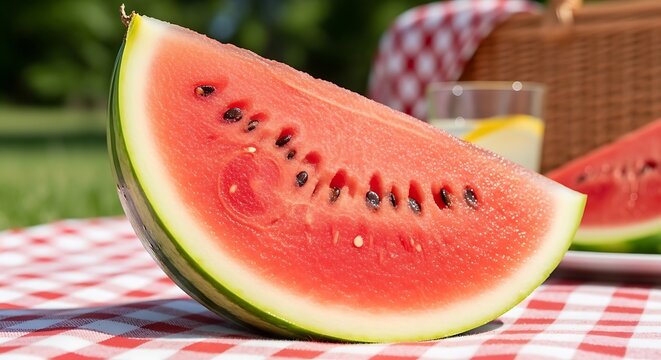 A slice of watermelon on a red and white checkered tablecloth with a picnic basket behind it