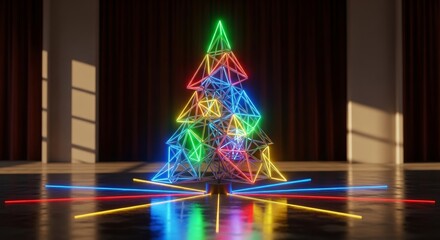 vibrant neon christmas tree with geometric design on wooden floor