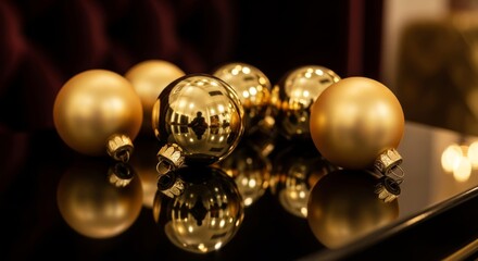 A collection of exquisite golden festive ornaments reflecting on a dark surface