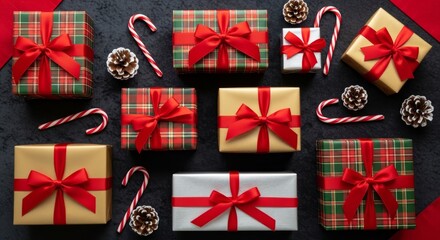 Vibrant assortment of gift boxes and festive adornments for holiday cheer