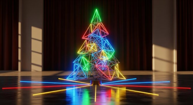 vibrant neon christmas tree with geometric design on wooden floor - Powered by Adobe