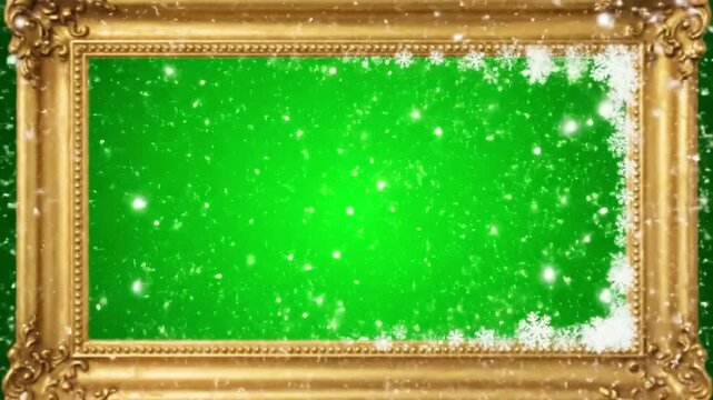 Green Screen gold frame from snowflakes in background animated christmas greeting card scene 2 with distortion, overlay, glitch, static noise, scan lines on black background, 4k video loop