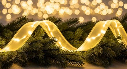 Sparkling Ribbon on Evergreen Branches with Golden Bokeh Background for