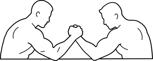 Two men arm wrestling in profile view black and white line art competition strength