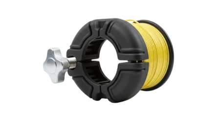 Closeup of a black fishing rod holder with yellow line spool isolated on transparent background, showcasing fishing equipment and accessories