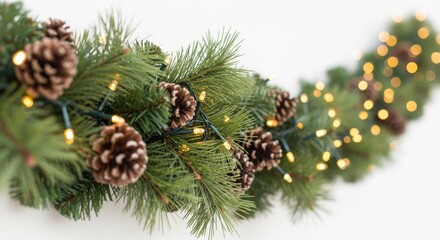 pine branch garland with illuminated string lights and natural pinecones