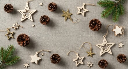 Rustic Winter Decor: Pine Cones and Wooden Stars Adorning a Simple Background