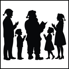 Santa Claus and a family of four standing together and singing Christmas carols