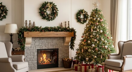 cozy festive holiday scene with crackling fireplace and decorated tree