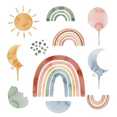 Fototapeta premium Whimsical watercolor celestial elements collection showcasing pastel rainbows, sun, and moon, perfect for enchanting nursery decor and graphic designs