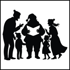 Santa Claus and a family of four standing together and singing Christmas carols