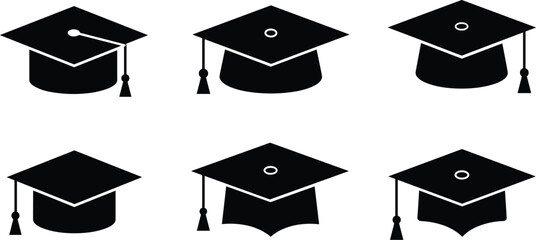 Six black graduation caps with tassels and mortarboards on white background academic education