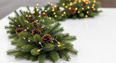 Winter Greenery with Illuminated Pinecones and Festive Lights for Decor