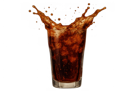 Refreshing brown soda beverage with a dynamic liquid splash creating a crown shape, transparent background