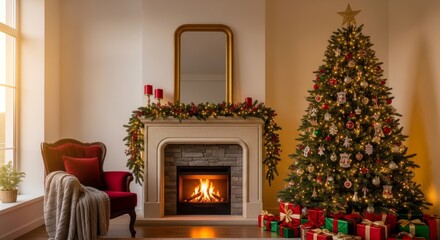 Warm and inviting holiday living room with festive fireplace and decorated tree